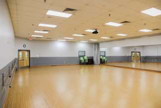 Amenities include a hardwood floor, full length mirrors (with curtain closure), ballet barres, surround sound speakers with CD & IPod capabilities, large screen and ceiling mount projector with Blue Ray capabilities