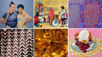 A grid of 6 artworks by Clarence Heyward, Stacy Crabill, King Godwin, Jeana Eve Klein, Ginger Wagg, and Rachel Campbell.