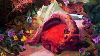 A painting of a sleeping creature surrounded by flowers