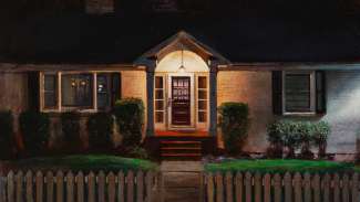 A work in progress painting of a white house with white fence at night