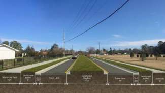 A rendering of the Marsh Creek and Trawick road improvement project showing different lanes and sidewalks and their uses.