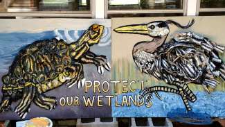 A sign with a turtle and bird made from trash reading Protect Our Wetlands
