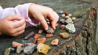Child's hands lining up rocks on tree stump