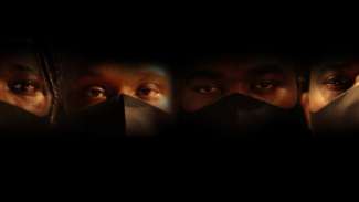 Promotional image for the Block Gallery Exhibition Breathe: Life After Death. Photo features the faces of Clarence Heyward, JP Jermaine Powel, William Paul Thomas and Telvin Wallace with black masks on. 