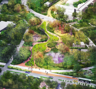 Birds eye view of the Dix Park Plaza and Play concept