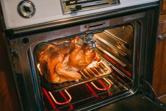 turkey in an oven with the door open