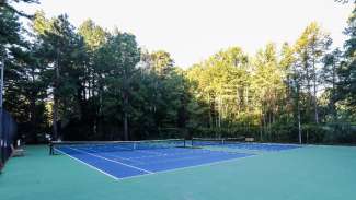 Two outdoor tennis courts fenced in around trees