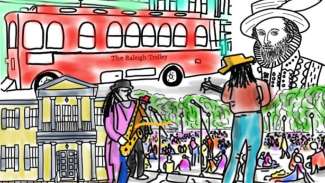 Illustration collage of Raleigh History - the Raleigh trolley, Sir Walter Raleigh, Mordecai house and musicians at Moore Square