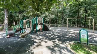 A smaller playground for younger kids with a slides, swings and more