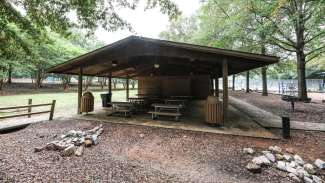 The picnic shelter at Williams Park with multiple tables 