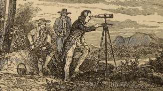 A historic print of cartographer looking through scope