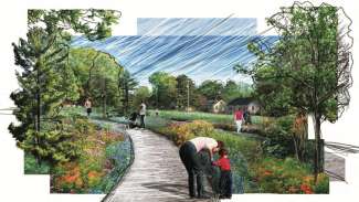 A rendering of Dix Park Plaza & Play by MVVA featuring a curved pathway through gardens and trees. People are walking on the path and throughout the park.