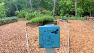 Sign that says "Welcome to the Sensory and Nature Play Garden" with garden beds in the background with green trees