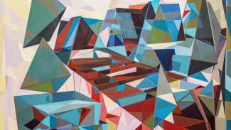 An abstract painting of colorful angular shapes