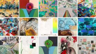 A grid featuring multiple images of artwork from the Abstracto/Latino exhibition