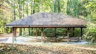 Park shelter with tables underneath surrounded by trees