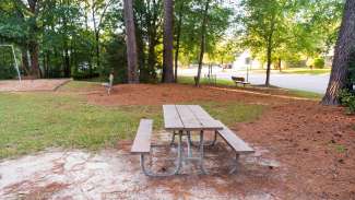 Picnic table with trees and playground in background