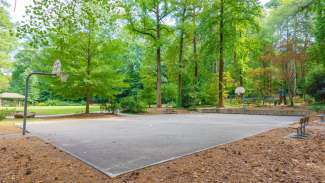Basketball court with two hoops and trees in background