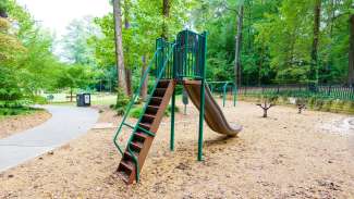 Playground with slide in foreground and swings and trees in background