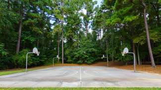 Basketball court with four hoops and trees in background