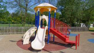 Play structure for ages 2 to 5 with trees in background