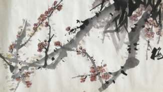 A painting of black branches with pink blossoms