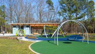 Playground at Brentwood Park. Climbing structure for kids