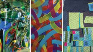 A collage of a three green pieces featured in exhibitions at Sertoma Arts Center. From left to right, a glass vase by Elijah Kell, a painting by Jay Phaler, and quilt by a member of the Professional Art Quilters Alliance - South  