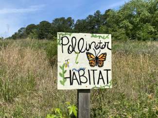 Pollinator Habitat Sign with butterfly in a field.
