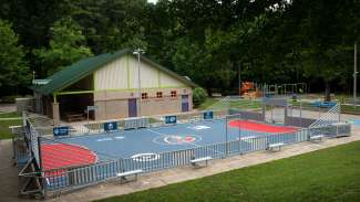 Blue and red outdoor futsal pitch 