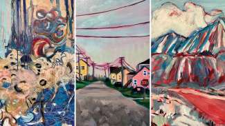 A collage fo three paintings by various artists on exhibit at Pullen Arts Center