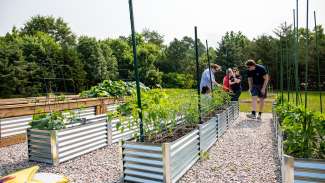 instructor and students standing near raised garden beds