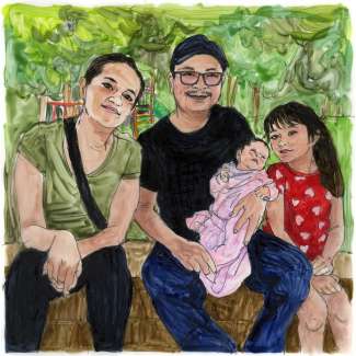 A portrait drawing of Linda Luna, Humberto, Layla, and Alina Moreno by Deborah Aschheim