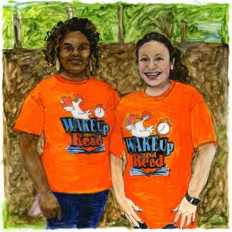 A portrait drawing of Marissa Smith and Cristina Lopez by Deborah Aschheim