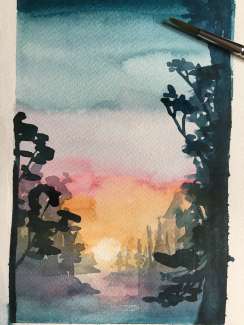 Water color painting of a richly colored sunset back lighting a grove of trees