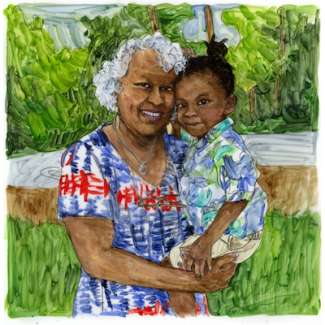 Artis rendering of Glendia Bryson-Jacobs and her grandson, Cayden