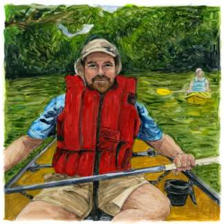 Artist rendering of Ross Andrews sitting in a canoe holding a paddle