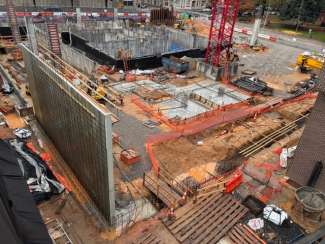 Image shows construction activity taking place on the new City Hall.