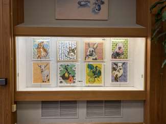paintings of animals on colorful patterned backgrounds hanging in a display case
