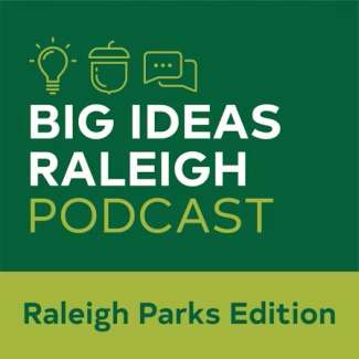 green square with the words Big Ideas Raleigh Podcast and an acorn icon