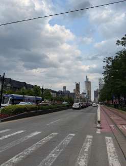 Downtown street picture of Detroit city skyline