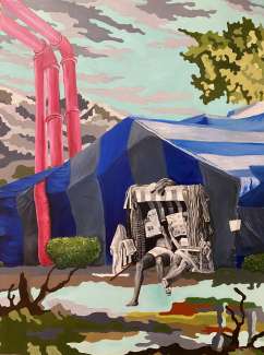 Surrealist painting depicting an outdoor scene with a tent and person leaned back reading a newspaper.