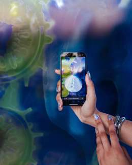 Photo of hand holding iPhone displaying artwork on screen