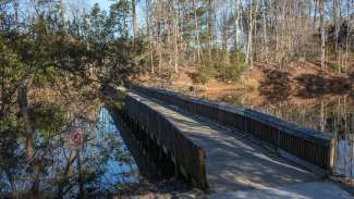 a pedestrian bridge at Lake Lynn park