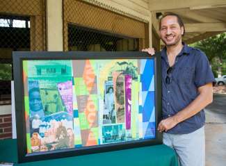 a person smiling beside a collage they created