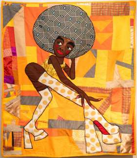 Painting of a woman with a large gray afro and boots