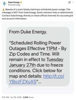 Example image of fake text message says "From Duke Energy. Scheduled Rolling Power Outages Effective 11PM - by Zip Codes and Time...