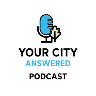 Logo with a microphone next to an oak leaf and "Your City Answered Podcast"
