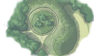 Artist rendering of a landscape design containing a large circular path in shades of green 
