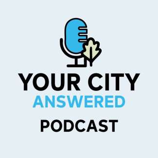 A logo depicting a microphone with an oak leaf next to it and the words "Your City, Answered Podcast"